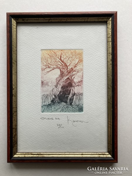 Kis Péter (1957-): Öreg fa, színezett, jelzett, számozott művészi rézkarc