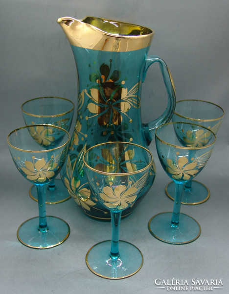 B325 Antik aranyozott különleges színes üveg boros készlet