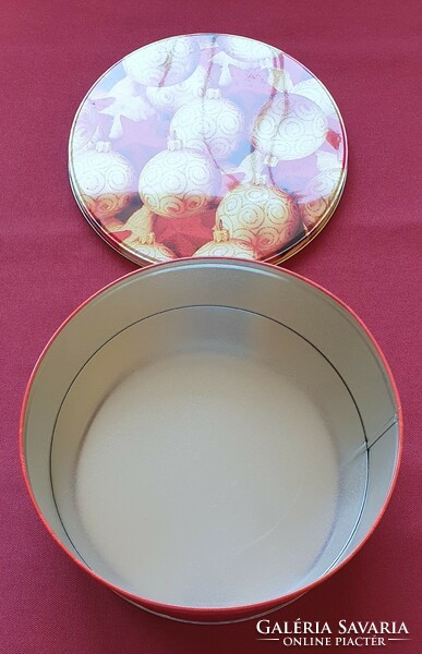 Karácsonyi gömb mintás fémdoboz pléh doboz süteményes kekszes tárolódoboz