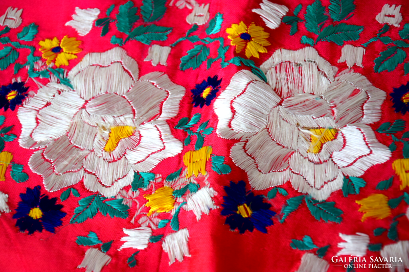 Antique old folk brocade silk shawl shoulder scarf hand embroidered folk costume wear 110 + fringe