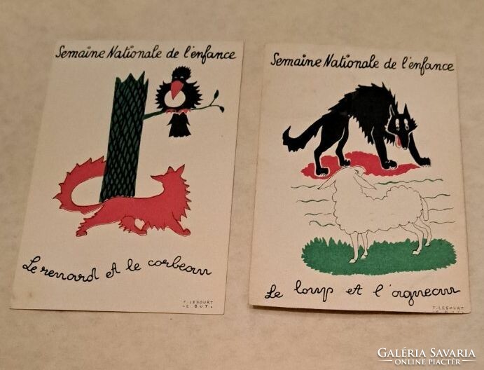 2 db régi francia mese grafika ,levelezőlap ( róka ,varjú, farkas ,bárány )