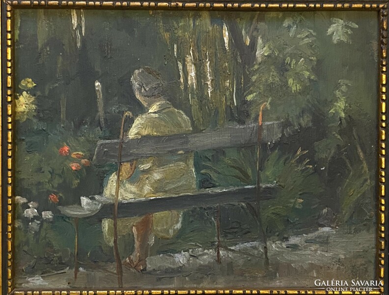 Lady sitting on a bench, park detail antique oil on wood panel painting in original gold frame