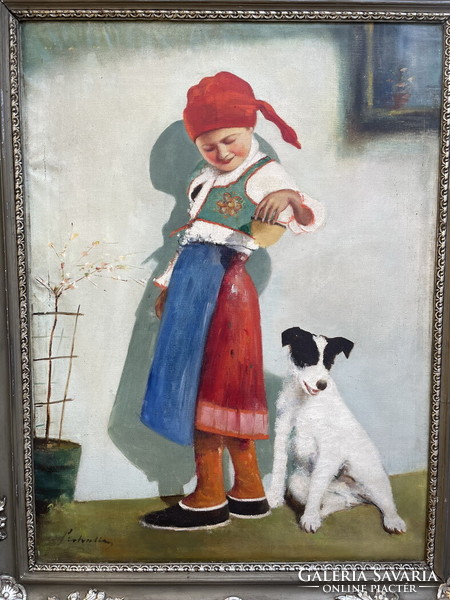 Nándor Pirhalla: young girl feeding a dog 100x80cm!!