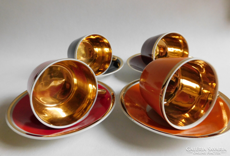 Rare Hólloháza retro colorful coffee sets, gilded inside - 4 pieces