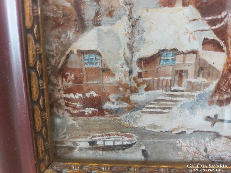 (K) Antik festmény, vízparti ház 21x15 cm kerettel