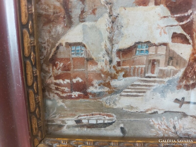 (K) antique painting, waterfront house 21x15 cm with frame