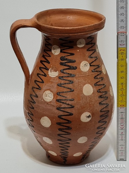 Folk ceramic milk jug with white dots, black line pattern, dark brown glaze (2865)