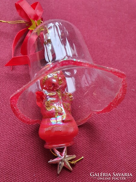 Régi karácsonyi üveg csengő harang angyalkával dísz kellék dekoráció