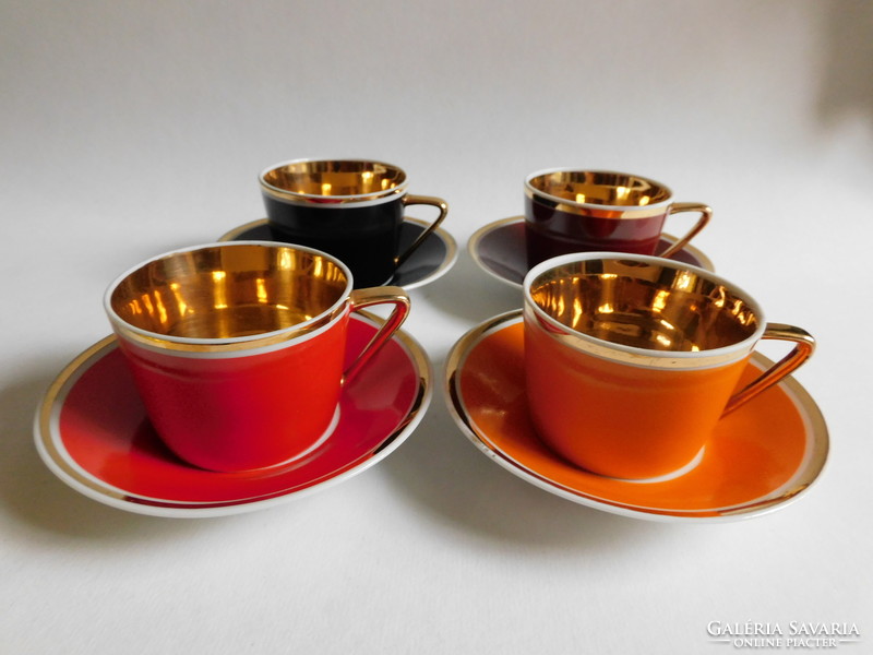 Ritka Hollóházi retro színes kávés szettek, belsejük aranyozott - 4 darab