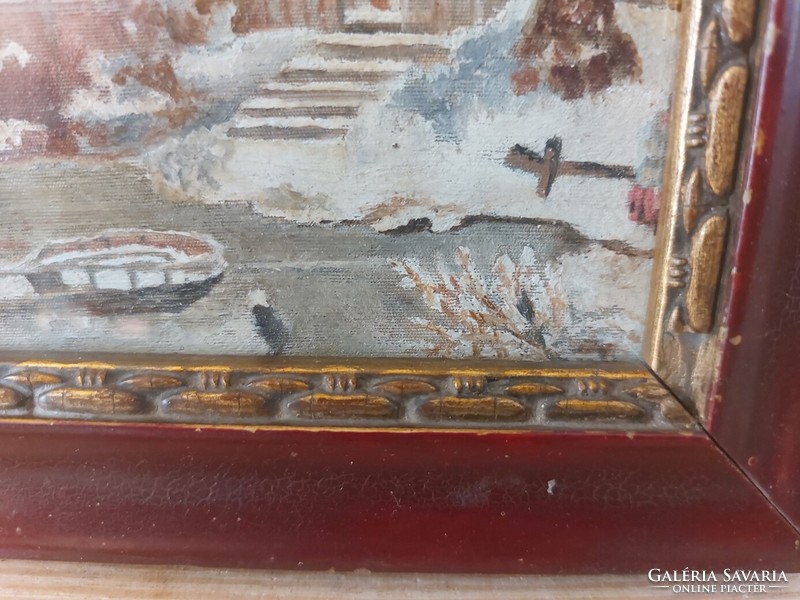 (K) Antik festmény, vízparti ház 21x15 cm kerettel