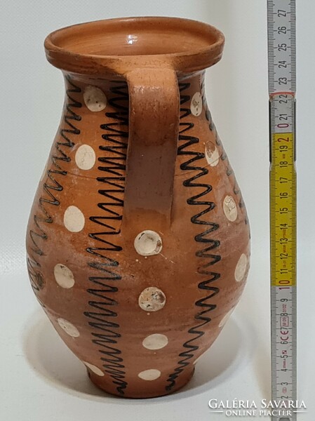 Folk ceramic milk jug with white dots, black line pattern, dark brown glaze (2865)