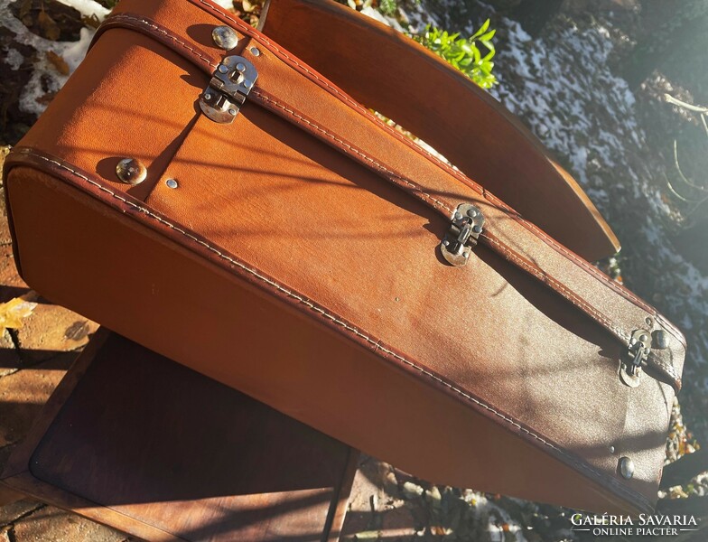 Old metal buckle, brown, plastic bordered suitcase with Hungarian manufacturer's mark, retro suitcase