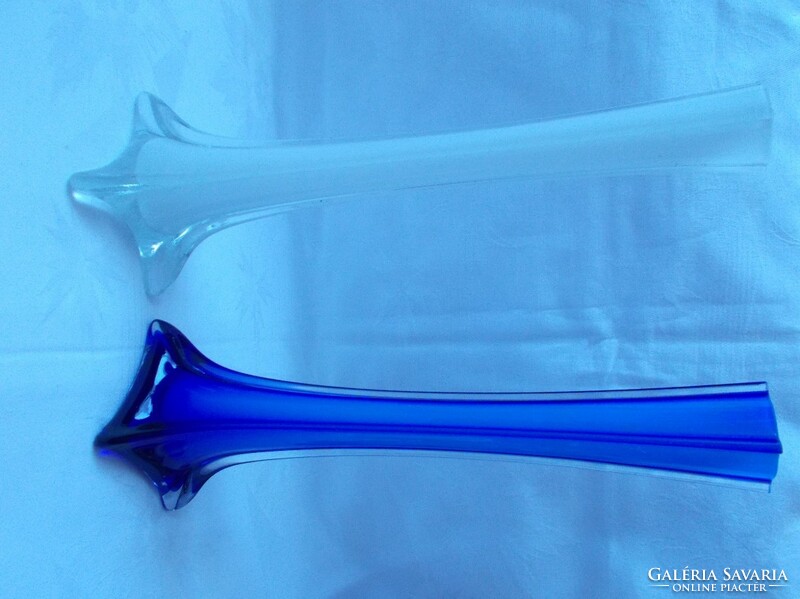 2 cobalt blue and white glass vases
