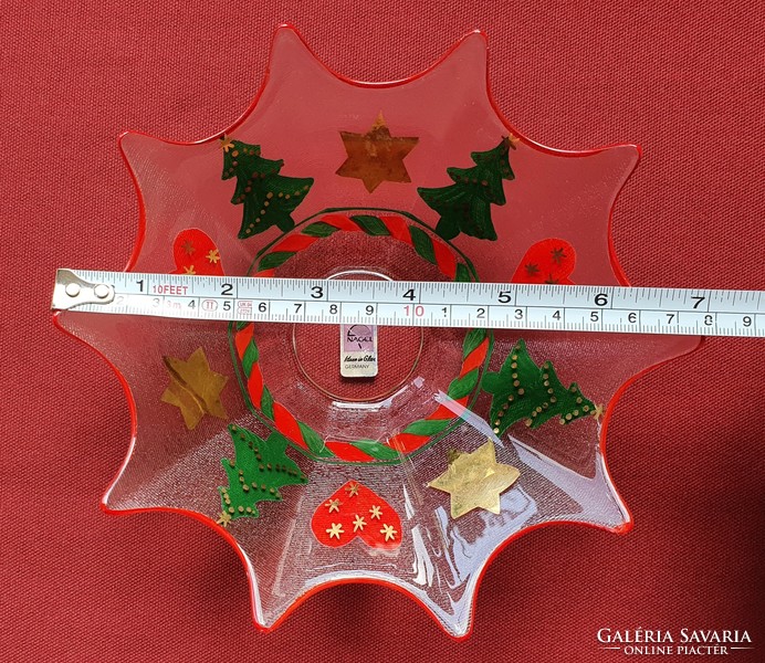 Karácsonyi üveg tál német festett tányér tálka fenyőfa minta dekoráció kellék kínáló asztalközép