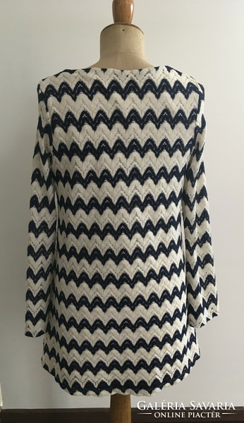 Missoni style crochet navy blue and white long sleeve loose dress, tunic - size: m/l