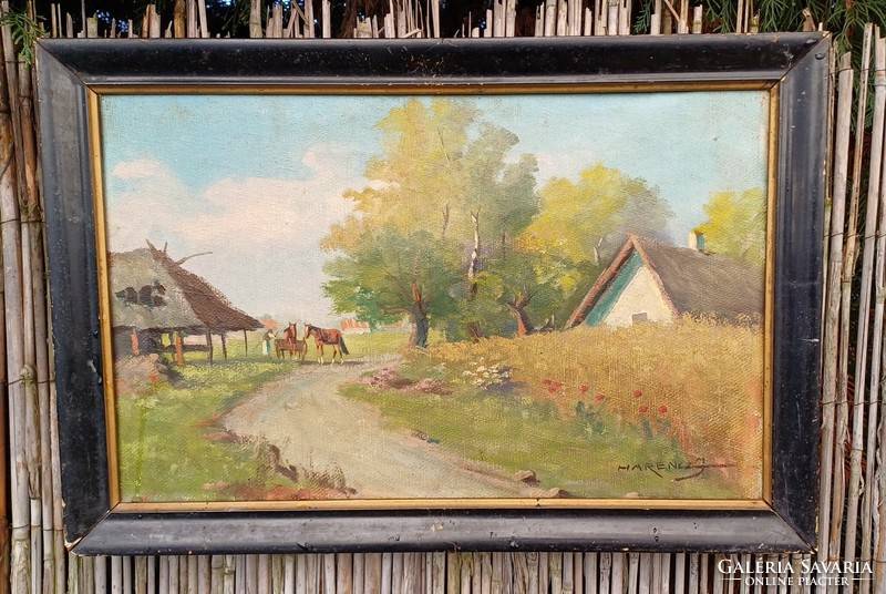 János Harencz oil on canvas painting. Good size 40 x 25 cm. Busy picture of village life with horses, picture 1