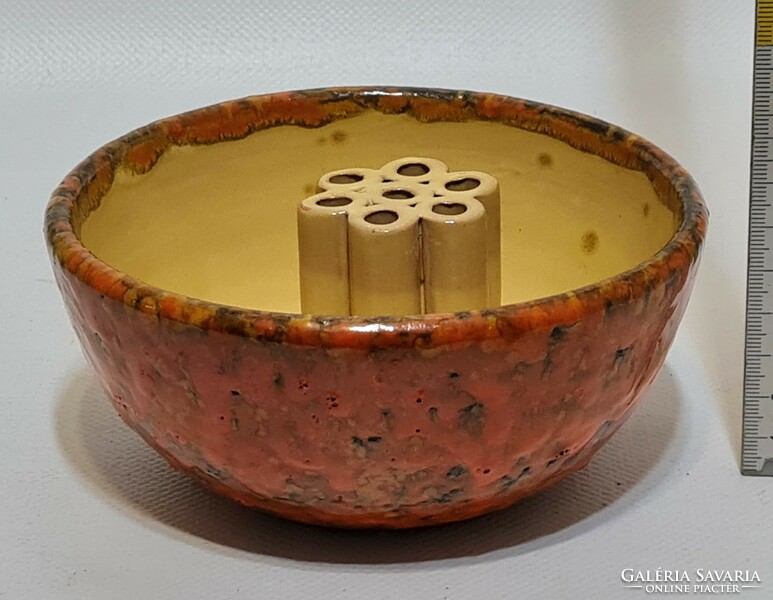 Hódmezővásárhelyi, ikebana, barna, narancssárga mázas kerámia virágtartó (2864)