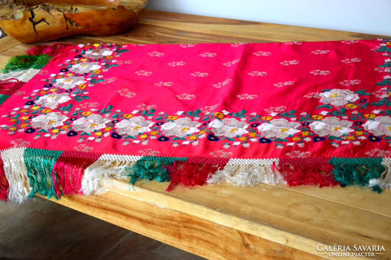 Antique old folk brocade silk shawl shoulder scarf hand embroidered folk costume wear 110 + fringe