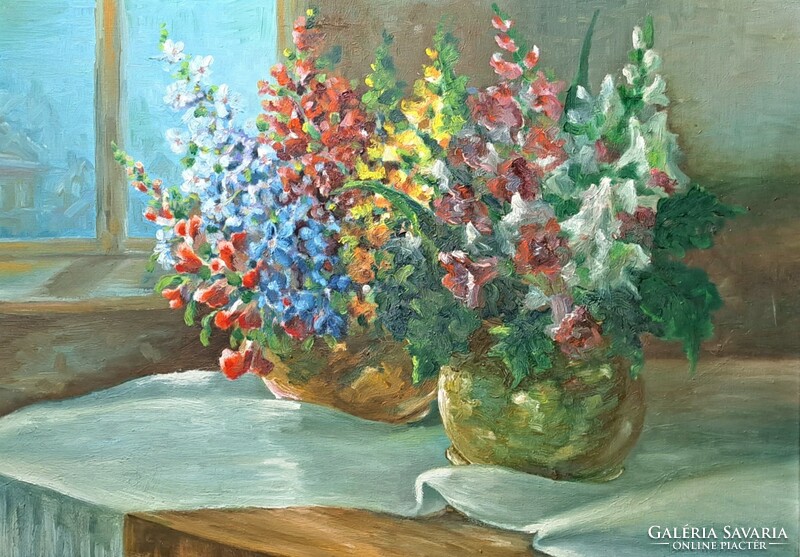 Still life with flowers, 1959 (oil painting in silver frame) with voivode's mark - in the window