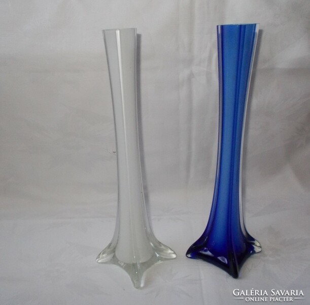 2 cobalt blue and white glass vases