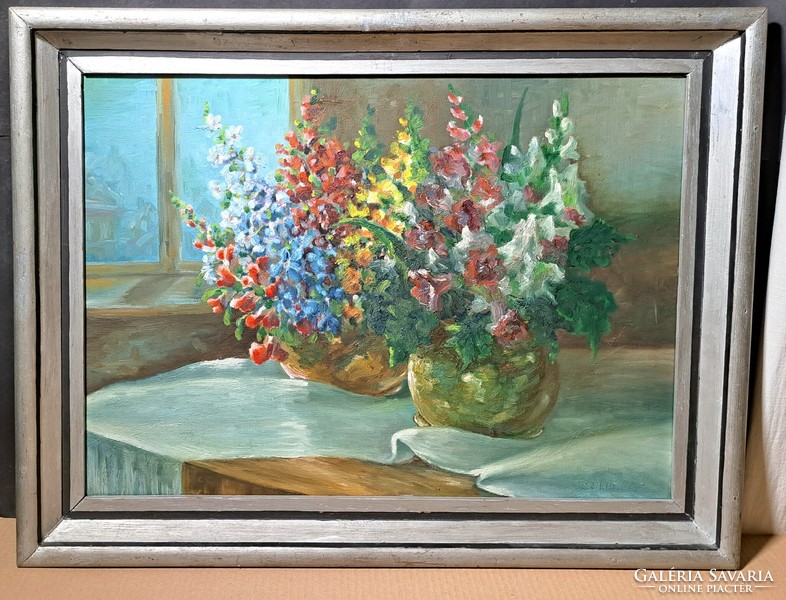 Still life with flowers, 1959 (oil painting in silver frame) with voivode's mark - in the window