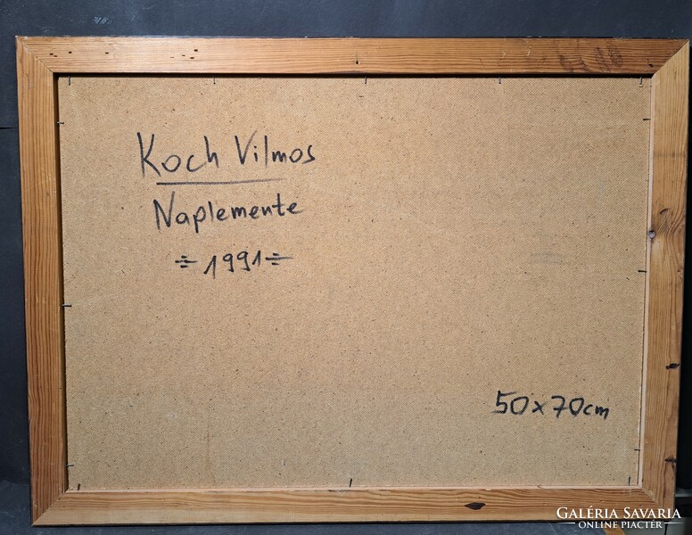 Koch Vilmos (1927-): Naplemente - olajfestmény, eredeti keretében (erdei tájkép)