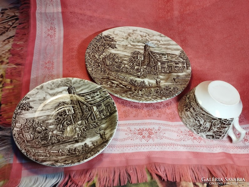 Gyönyörű angol jelenetes porcelán 3 darabos reggeliző