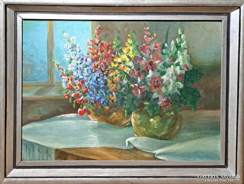Still life with flowers, 1959 (oil painting in silver frame) with voivode's mark - in the window