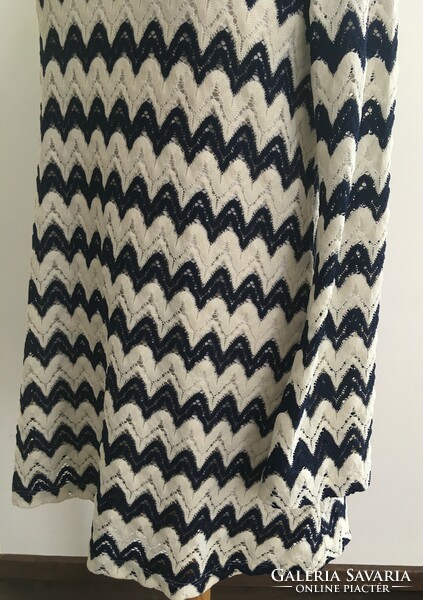 Missoni style crochet navy blue and white long sleeve loose dress, tunic - size: m/l