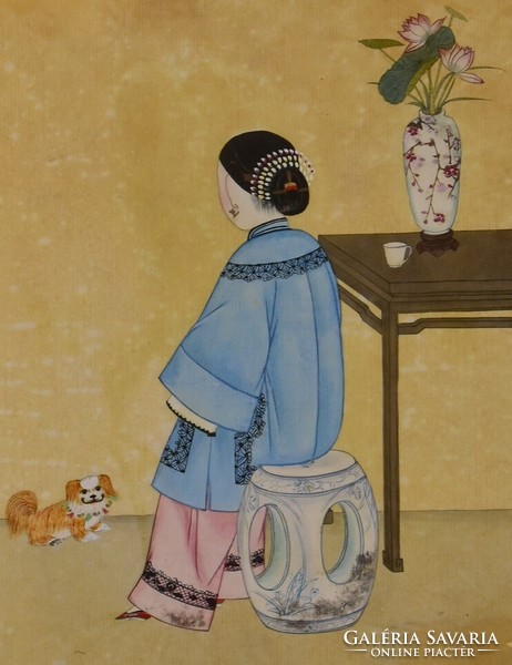Zhou pei chun (China, worked between 1880-1910): girl with a house dog