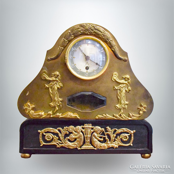 Eclectic silent mantel clock, copper and wood case with polished glass