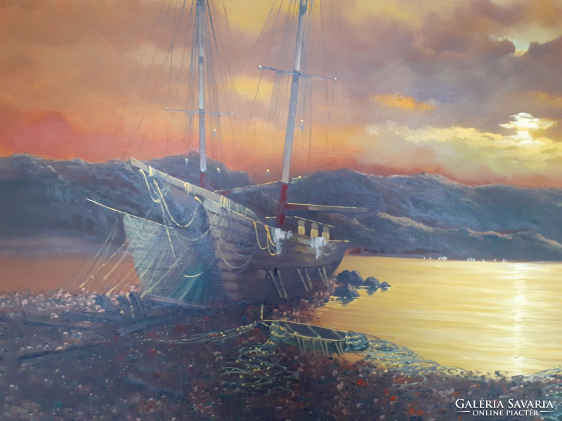 Large painting, ships at sunset. W.Vennekamp