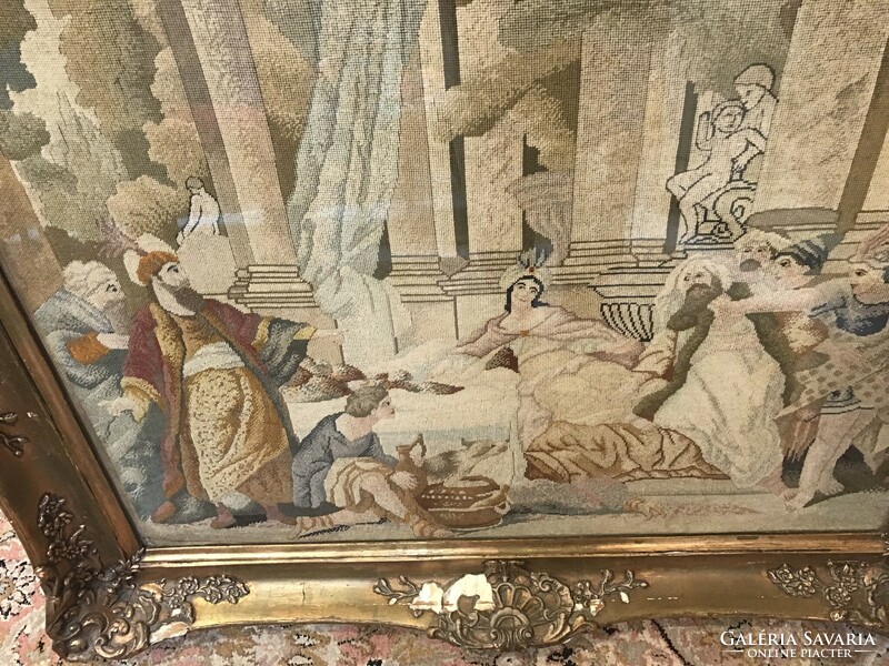 Old tapestry picture with a mythological scene in a wide frame, large size