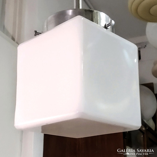 Bauhaus ceiling lamp renovated - milk glass cube shade /atrax/