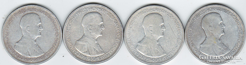 Horthy ezüst 5 pengők 4 db 1930 VG