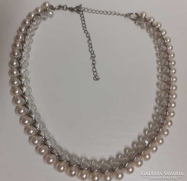 Necklace made of retro white tekla pearls and lots of small Czech crystal beads