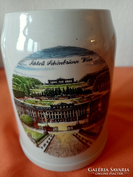 Viennese painted landscape stoneware beer mug