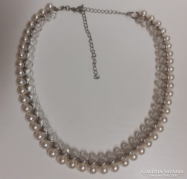 Necklace made of retro white tekla pearls and lots of small Czech crystal beads