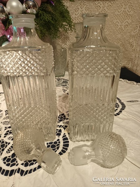 Old beautiful cast glass thick whiskey bottles for sale with stoppers 2 separately!