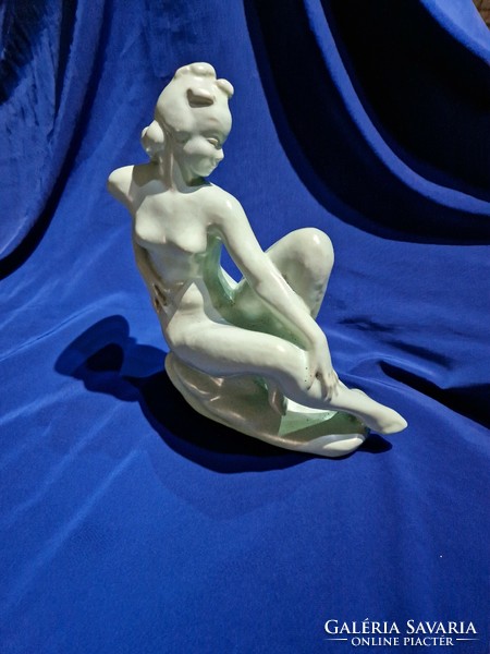 Green glaze hop ceramic seated female nude. Indicated.