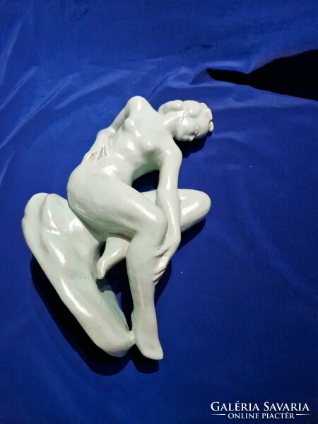 Green glaze hop ceramic seated female nude. Indicated.