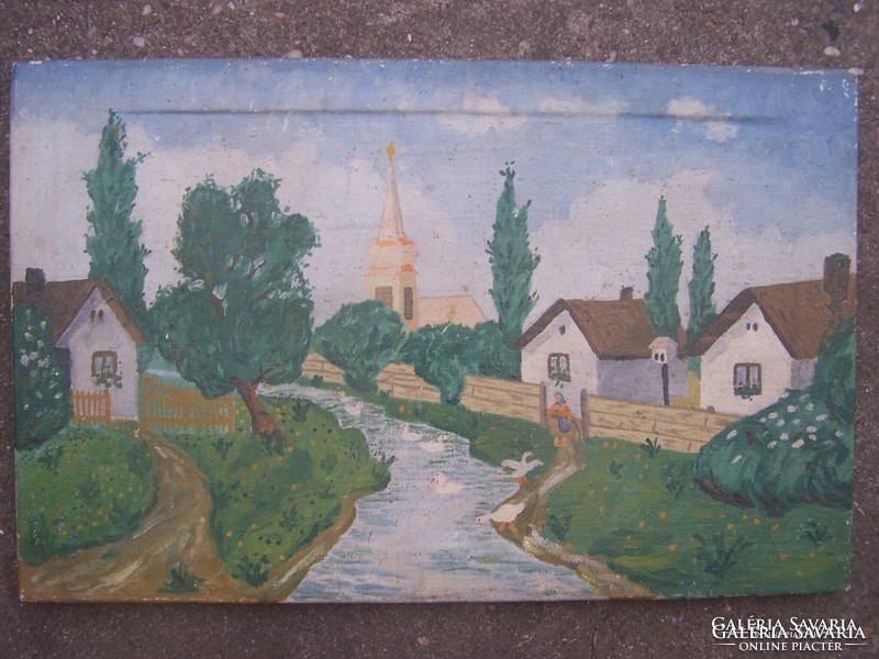 Magyar naiv festő XX. század első fele: Patak partján. Olaj, vászon 40 x 25 cm