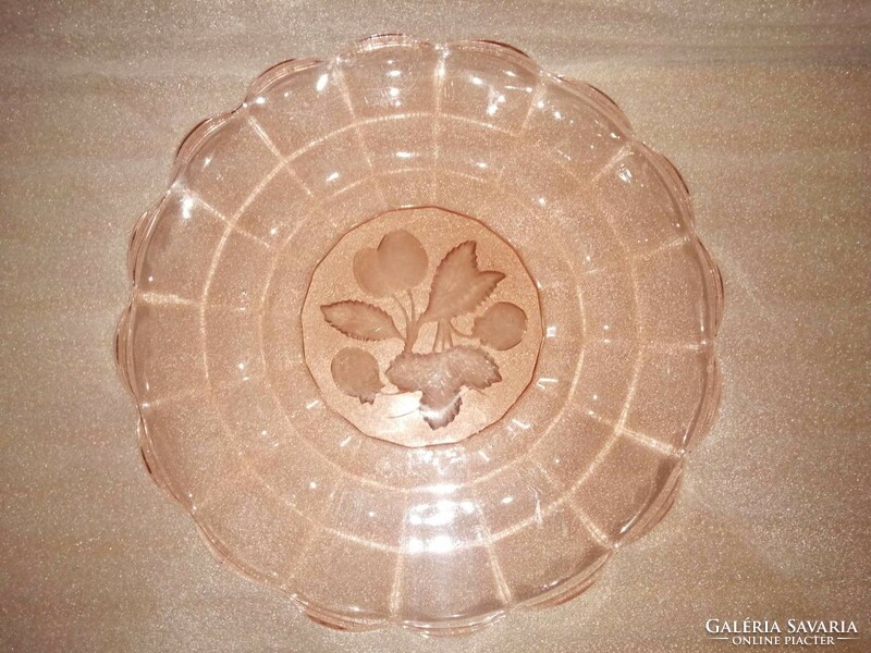 Coral-colored fruit-patterned glass serving dish, table center - dia. 32 cm (6p)