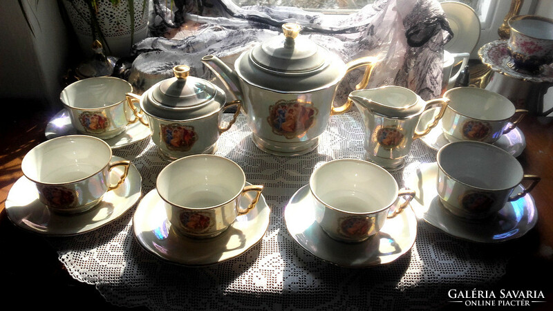 Zsolnay mythological scene with white luster glaze 6 eyes. Tea set - art&decoration
