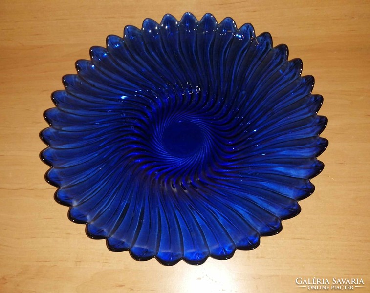 Kék üveg kínáló, asztalközép - átm. 33,5 cm (6p)