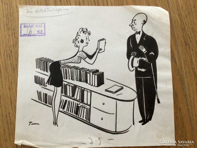Toncz Tibor eredeti karikatúra rajza a Szabad Száj c. lapnak  "Jó detektívregény", 17 x 16 cm