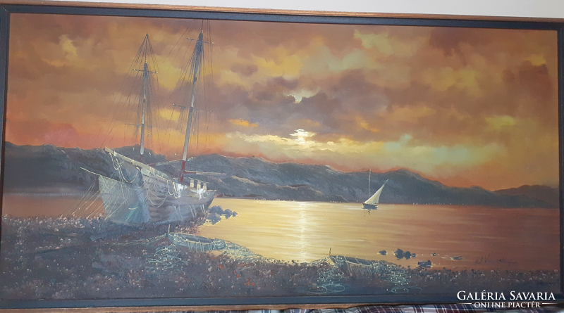 Large painting, ships at sunset. W.Vennekamp