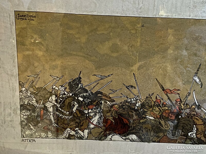 Zoltán Burró art nouveau glass painting rarity Battle of Catalonia hinter glass