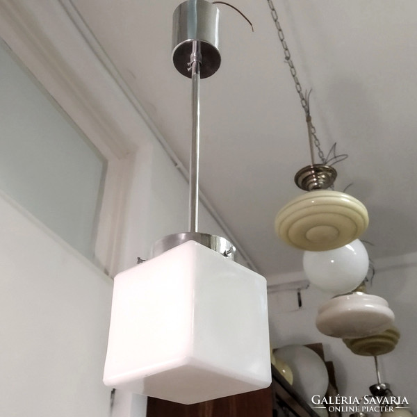 Bauhaus ceiling lamp renovated - milk glass cube shade /atrax/