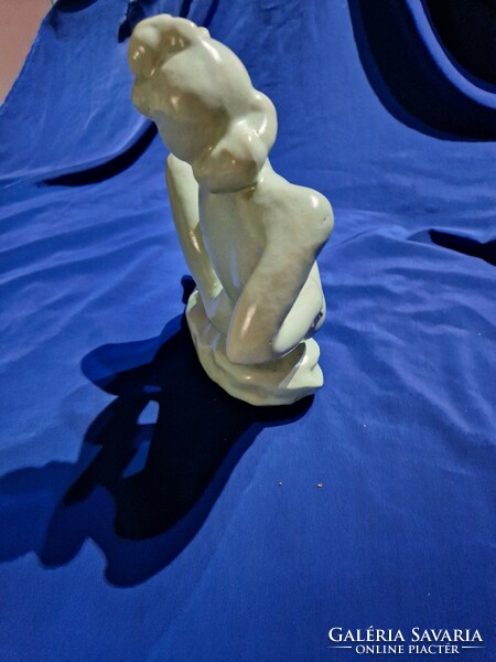 Green glaze hop ceramic seated female nude. Indicated.